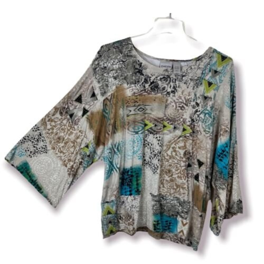 Chico’s Size 2 Large Bell Sleeve Animal Print Slinky Tunic Top Stretch Viscose